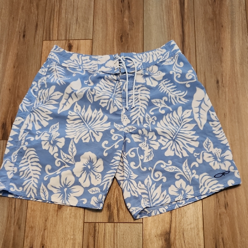 OP Ocean Pacific Blue and White Tropical Board Shorts Swim Trunks Men's Size 36
